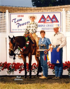 Harley D Zip, ridden by then-owner Brian Ale, and trainer Doug Pratt at the 1998 Tom Powers. Photo courtesy Doug Pratt
